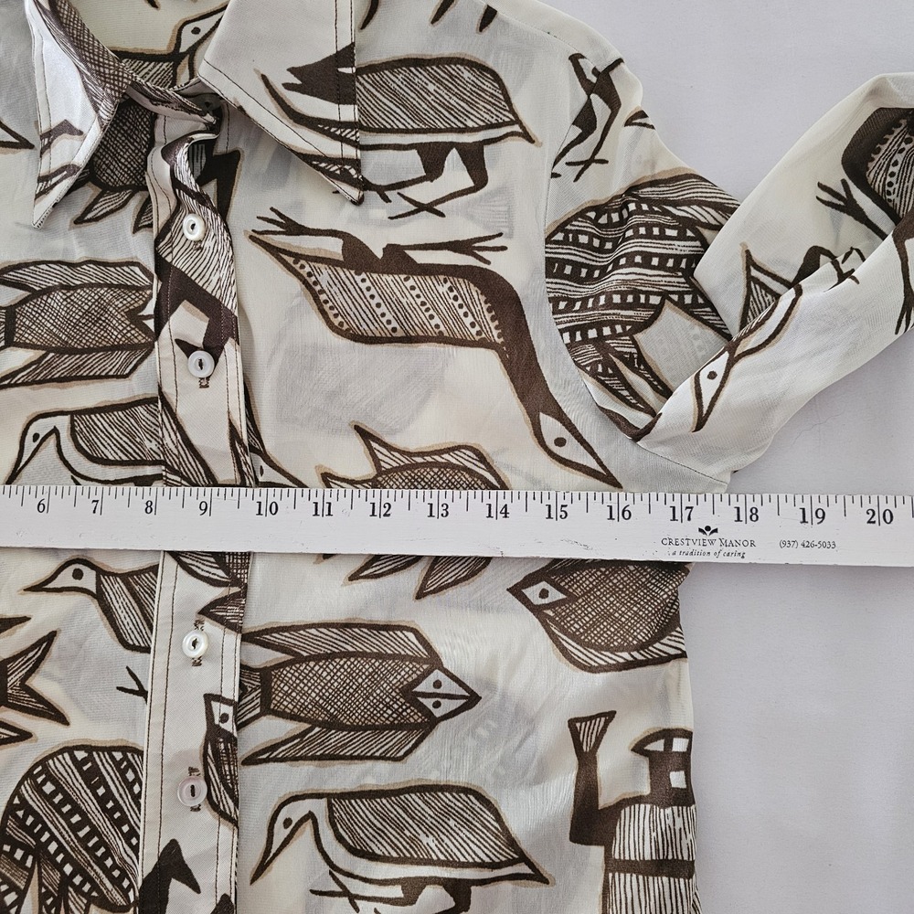 Vtg Prehistoric Animal Egyptian Hieroglyphs Print Blouse Womens S - Picture 5 of 8